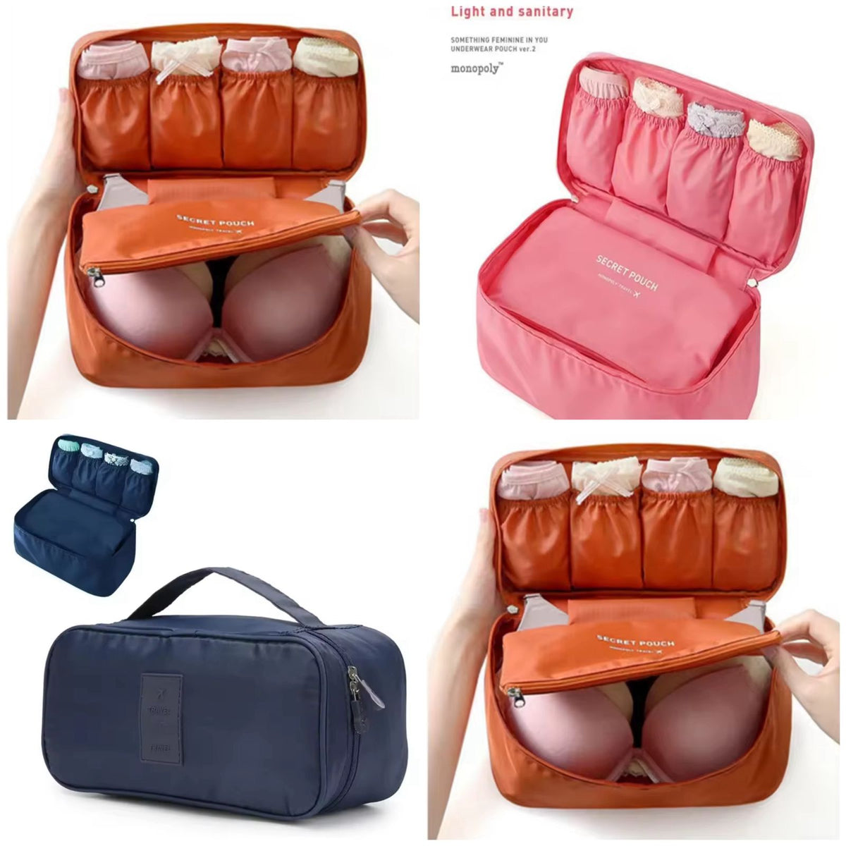 Multi-compartment travel undergarment organizer bag with elastic pockets and zippered sections by Home Hatch