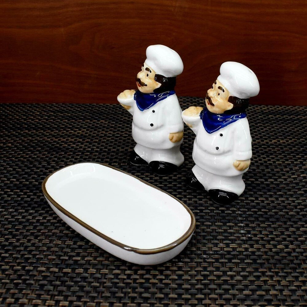 Chef Duo Ceramic Salt & Pepper Shaker Set with Tray Pakistan – Decorative Glazed Tableware for Dining & Kitchen Décor