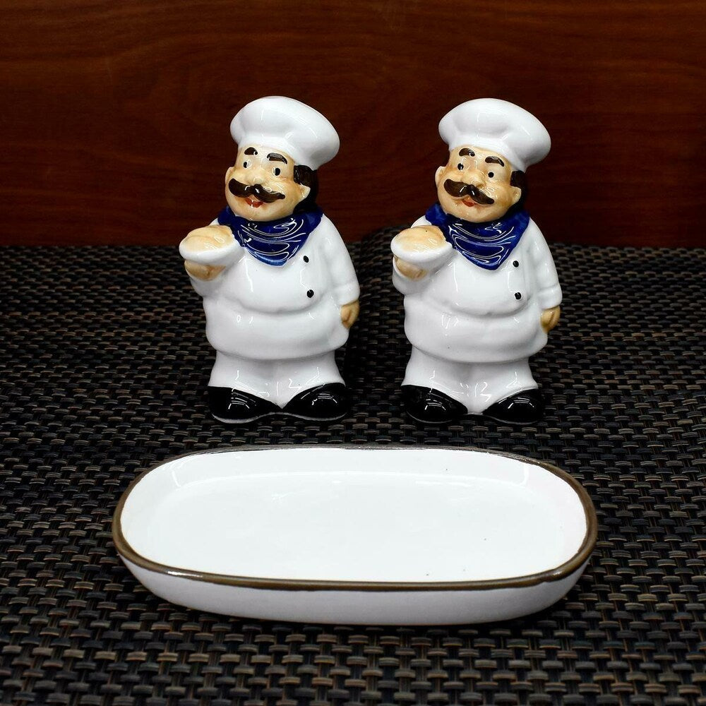 Chef Duo Ceramic Salt & Pepper Shaker Set with Tray Pakistan – Decorative Glazed Tableware for Dining & Kitchen Décor