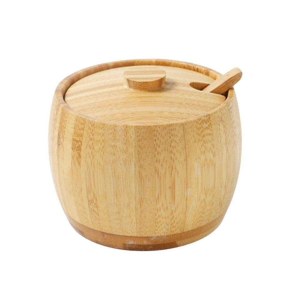 Natural bamboo sugar pot with matching lid and spoon for storing sugar, salt, spices and seasonings on kitchen counters and dining tables.bamboo sugar potbamboo sugar bowlsugar bowl with lid and spoonwooden sugar bowlbamboo sugar containerwooden spice containersugar storage containerbamboo salt containerbamboo kitchen storagebamboo sugar pot Pakistan