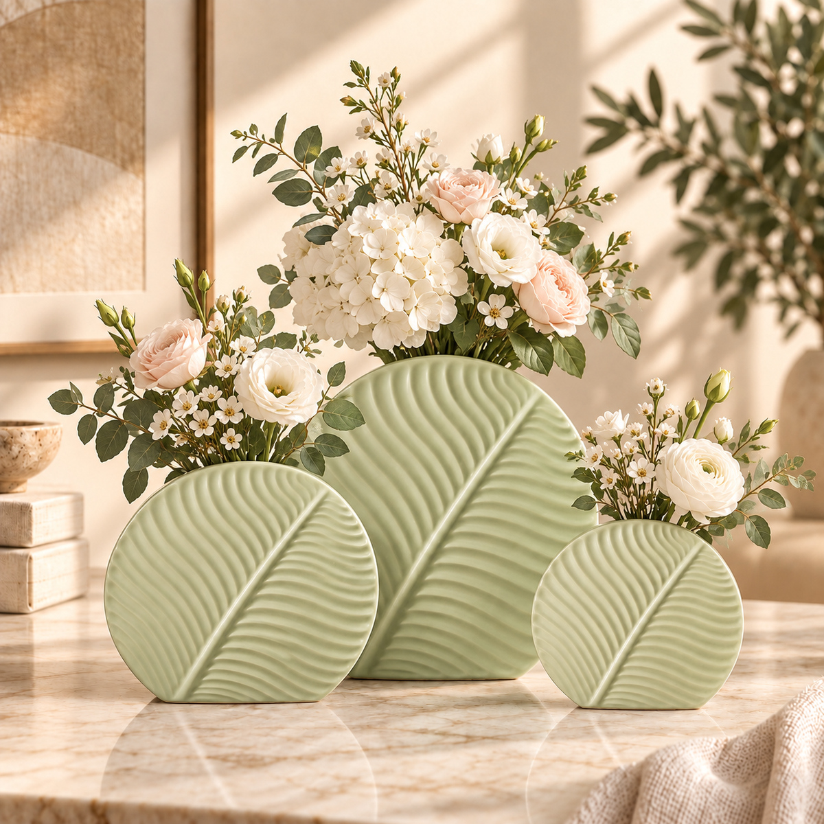 Set of 2 & 3 Nordic leaf-shaped ribbed ceramic decorative flower vases for modern living room, console table and home décor. Nordic ceramic vasesleaf shaped ceramic vaseset of 3 ceramic vasesmodern decorative vasesribbed ceramic vaseflower vase setliving room decorative vaseceramic vase for home decormodern home decor vasedecorative vases Pakistan