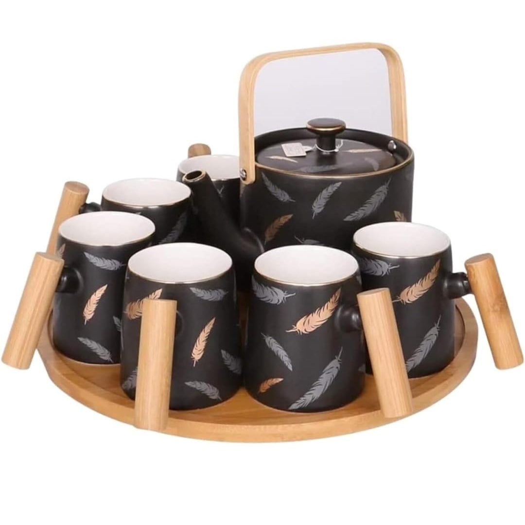 Nordic Style Feather Design Luxury Porcelain Tea Set With Tray - 9 Pcs