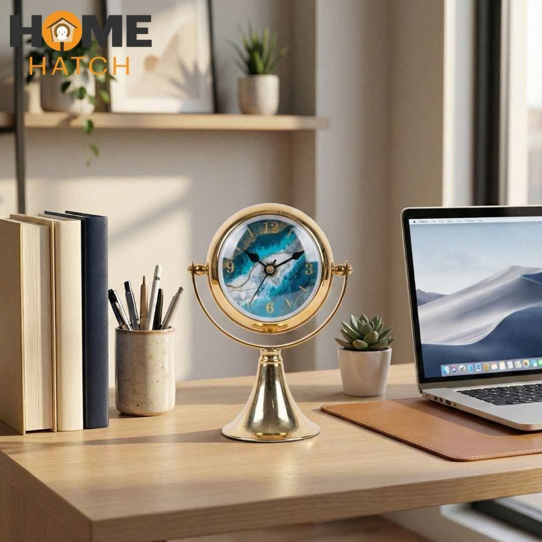 Luxury golden metal table clock with ocean-themed dial on white background