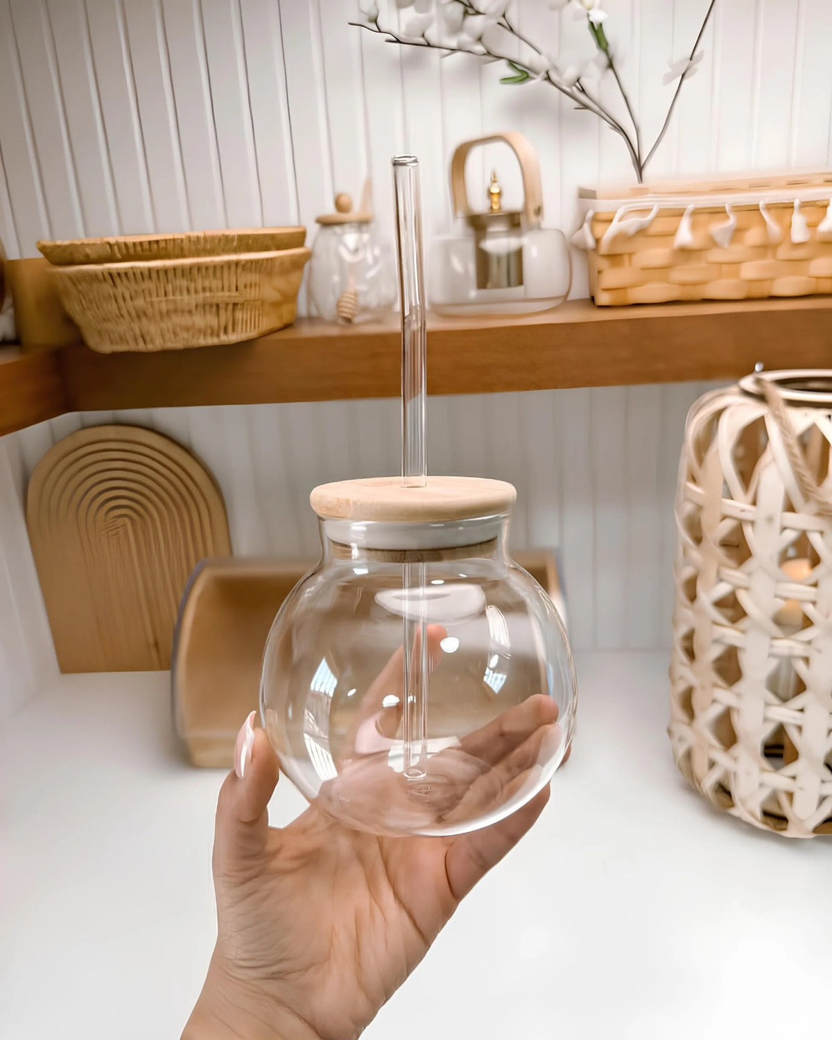 Pomegranate Round Glass Tumbler with Bamboo Lid & Straw
