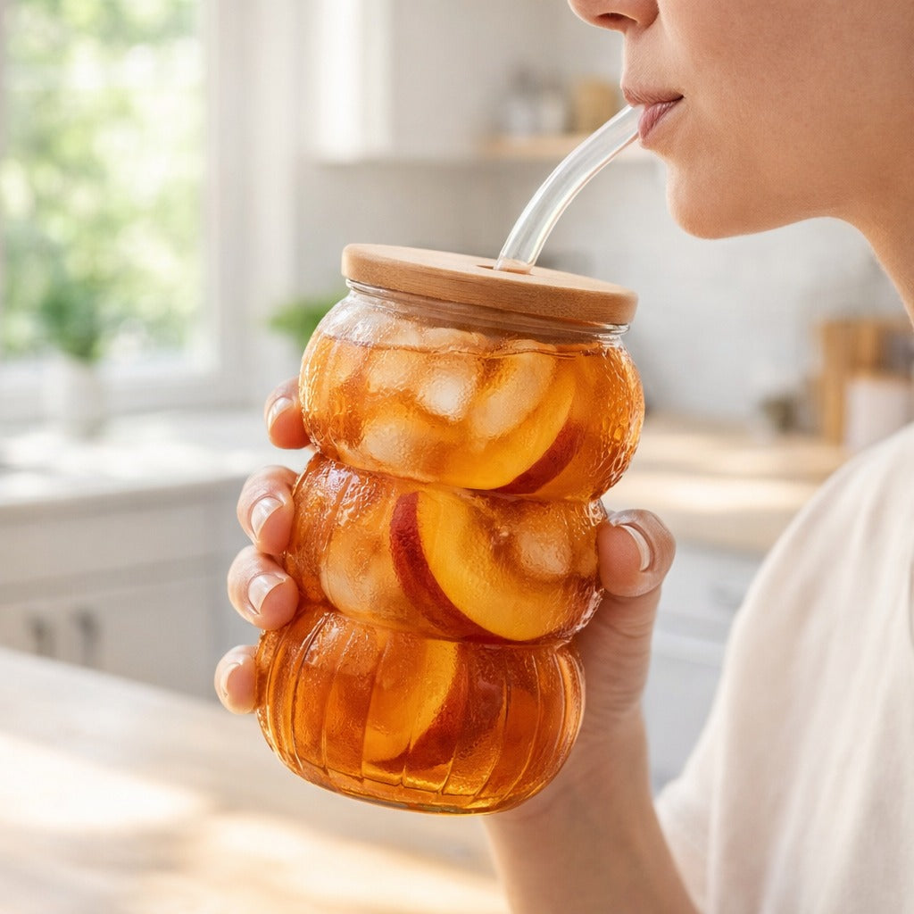 Premium Amber Triple-Ripple Glass Tumbler Bamboo Lid & Straw