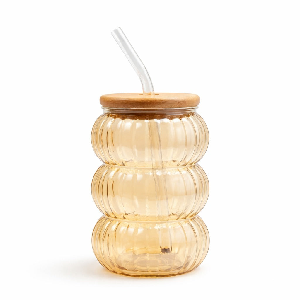 Premium Amber Triple-Ripple Glass Tumbler Bamboo Lid & Straw