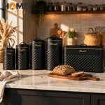 matte black bread bin and kitchen canister set with copper handles tea coffee sugar biscuit storage – Pakistan