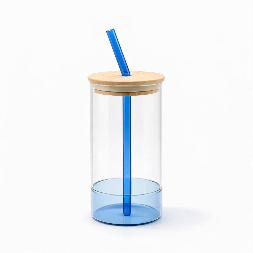 Premium ColorBase glass tumbler with bamboo lid and glass straw – Home Hatch Pakistan