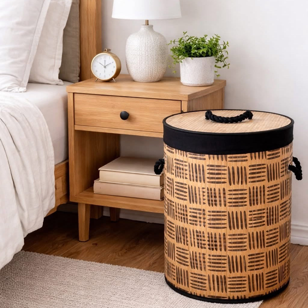 A woven cylindrical laundry hamper with a black handle and trim, placed next to a wooden nightstand in a bedroom setting.