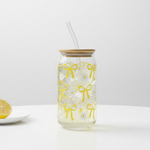 Printed glass tumbler with bow and daisy design bamboo lid and glass straw for iced coffee and daily drinks