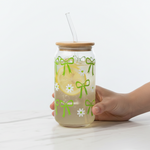 Printed glass tumbler with bow and daisy design bamboo lid and glass straw for iced coffee and daily drinks