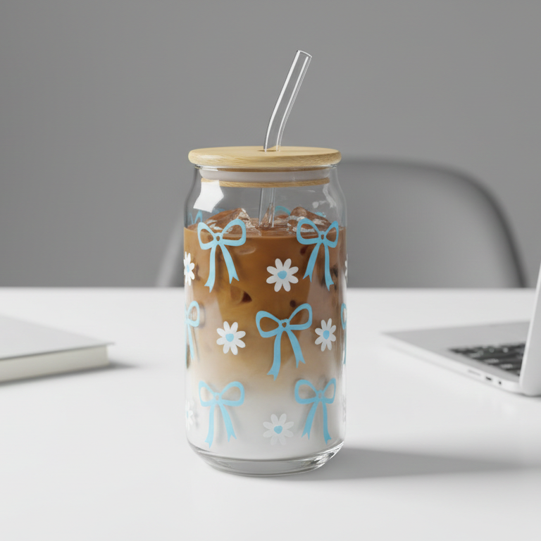 Printed glass tumbler with bow and daisy design bamboo lid and glass straw for iced coffee and daily drinks