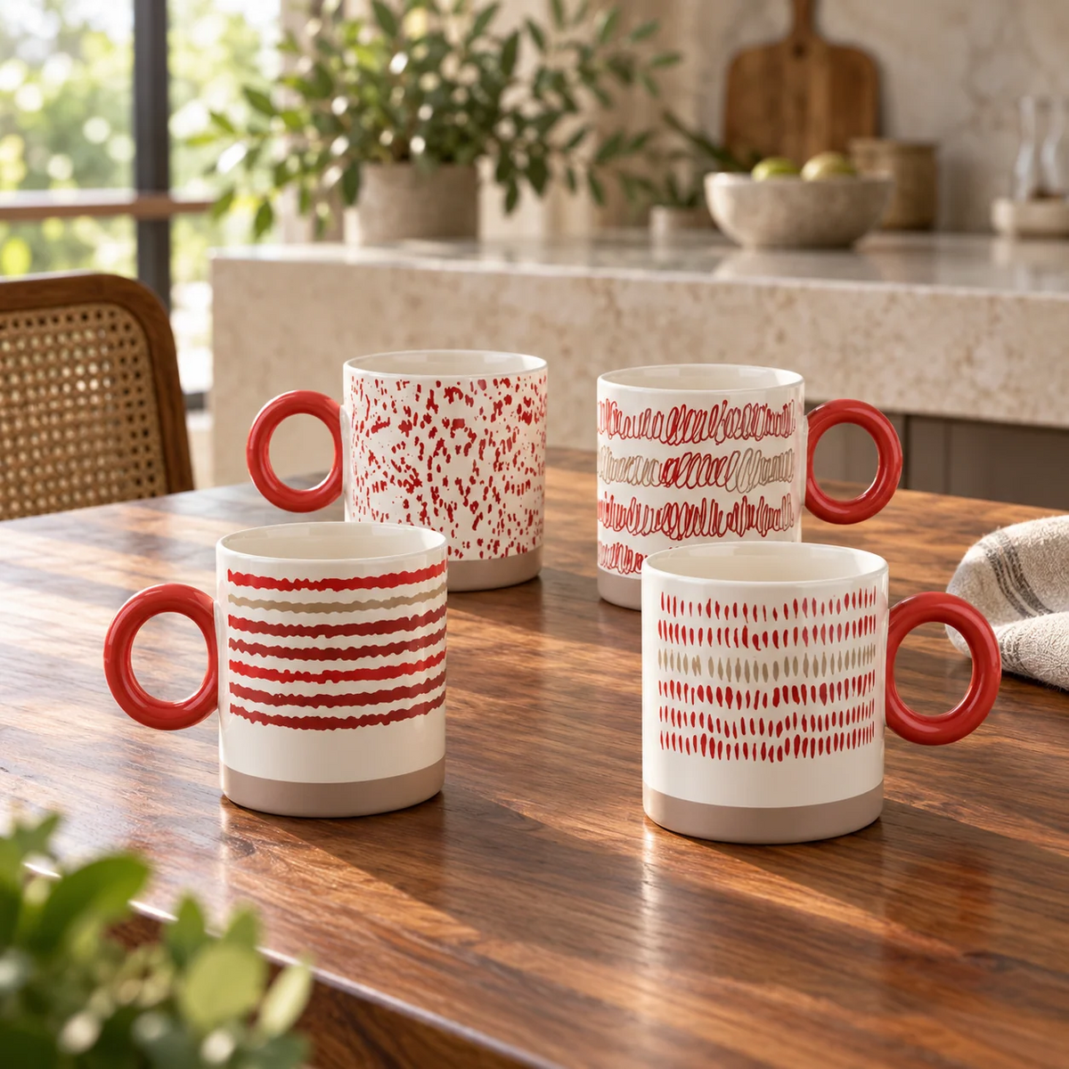 Four ceramic mugs with red handles and red printed patterns, arranged on a wooden table in a bright kitchen setting.