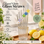flower glass straw set, 6 piece glass straw set, reusable flower glass straws, borosilicate glass drinking straws, floral glass straws, glass straws with cleaning brush, cute glass straws, aesthetic drinking straws, reusable glass straws Pakistan, flower straw set Pakistan, glass straw set Pakistan, borosilicate glass straws Pakistan, iced coffee glass straw, matcha glass straw, juice drinking straws, floral drinkware accessories, reusable drinking straw set, cute coffee accessories Pakistan, glass tumble