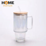 Ribbed Glass Tumbler 620ml Pakistan – Borosilicate Cup with Handle, Bamboo Lid & Straw for Iced Coffee, Tea & Smoothies