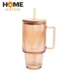 Ribbed Glass Tumbler 620ml Pakistan – Borosilicate Cup with Handle, Bamboo Lid & Straw for Iced Coffee, Tea & Smoothies