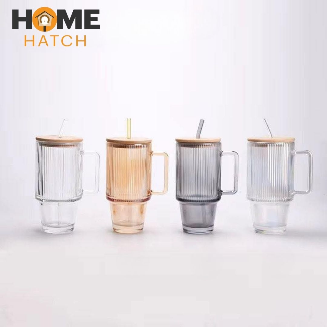 Ribbed Glass Tumbler 620ml Pakistan – Borosilicate Cup with Handle, Bamboo Lid & Straw for Iced Coffee, Tea & Smoothies