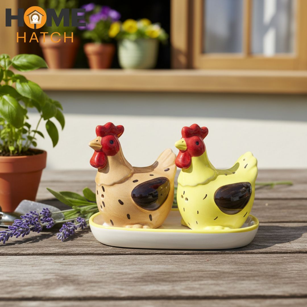 Rooster Design Ceramic Salt & Pepper Shaker Set with Tray