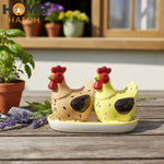 Rooster Design Ceramic Salt & Pepper Shaker Set with Tray