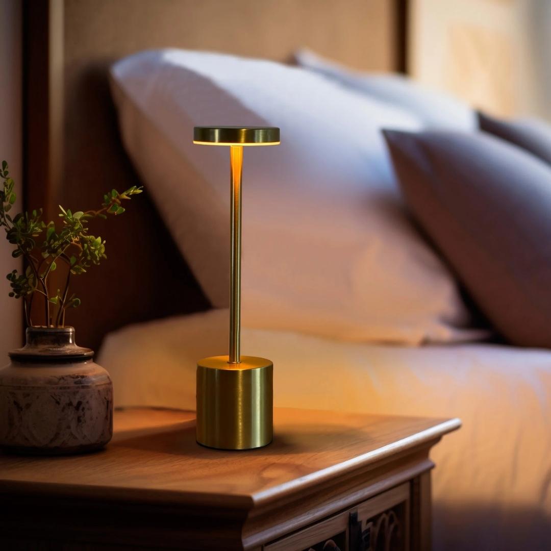 Home Hatch Sleek Modern Touch Lamp – 3-color LED table lamp with touch control. Rechargeable, wireless & elegant. Perfect for bedrooms & modern interiors.