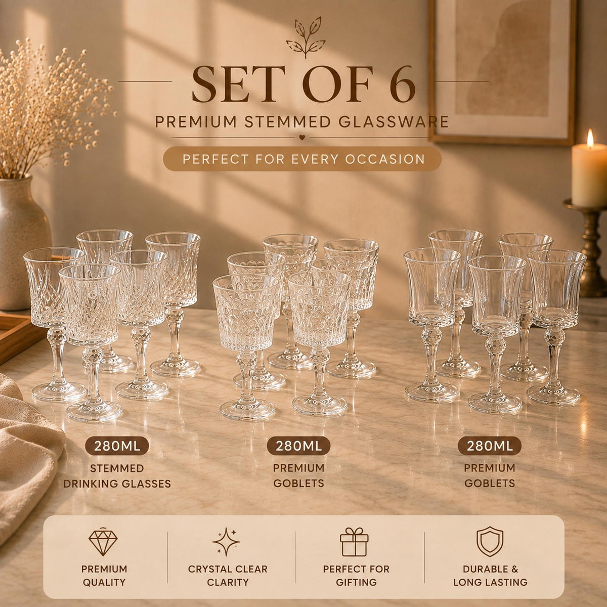 Set of 6 clear 280ml stemmed drinking glasses and premium goblets for serving water, juice, mocktails and cold beverages.stemmed drinking glasses280ml drinking glassesglass goblet set of 6premium glass gobletswater goblet setjuice drinking glassesmocktail glassesstemmed glass setclear drinking gobletsdrinking glasses set of 6