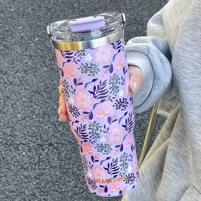 Sitarayuri Floral 40oz Stainless Steel 900ml Tumbler with Handle & Straw – Leakproof & Travel Friendly