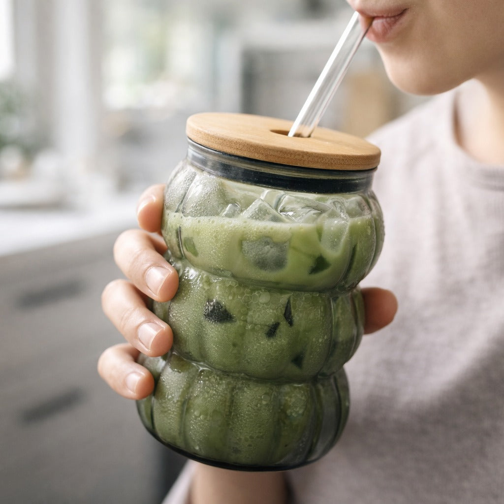 Smokey triple-wave glass tumbler with bamboo lid and straw Home Hatch Pakistan