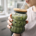 Smokey triple-wave glass tumbler with bamboo lid and straw Home Hatch Pakistan