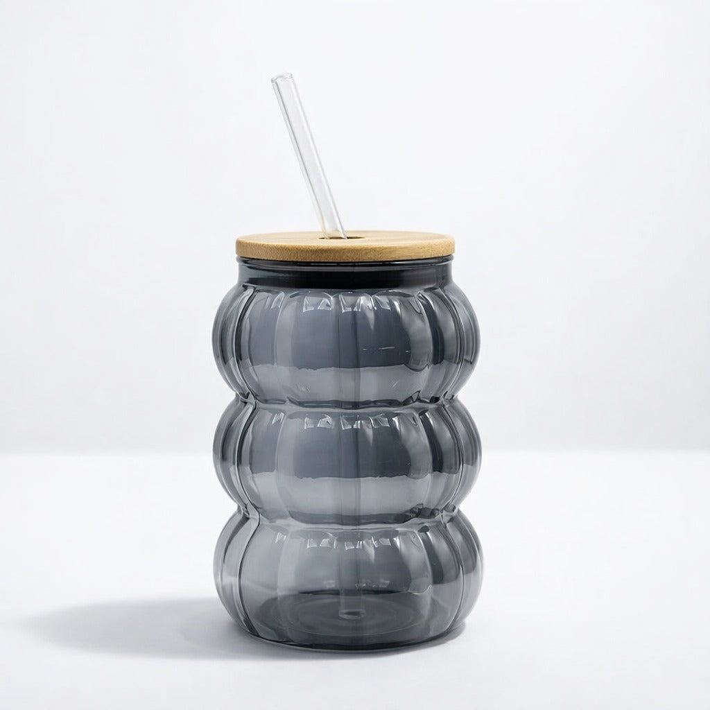 Smokey triple-wave glass tumbler with bamboo lid and straw Home Hatch Pakistan