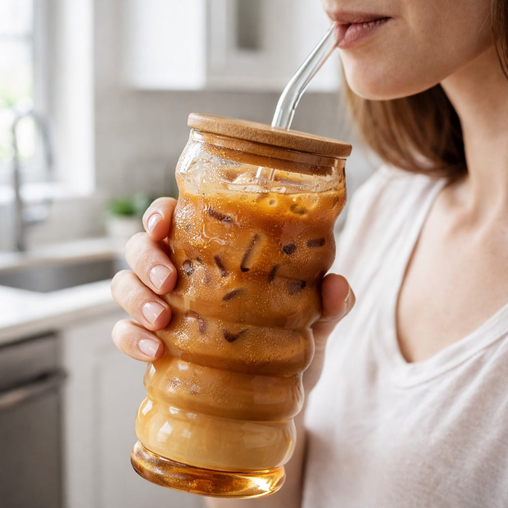 Spiral wave glass tumbler 700ml with bamboo lid and straw Home Hatch Pakistan