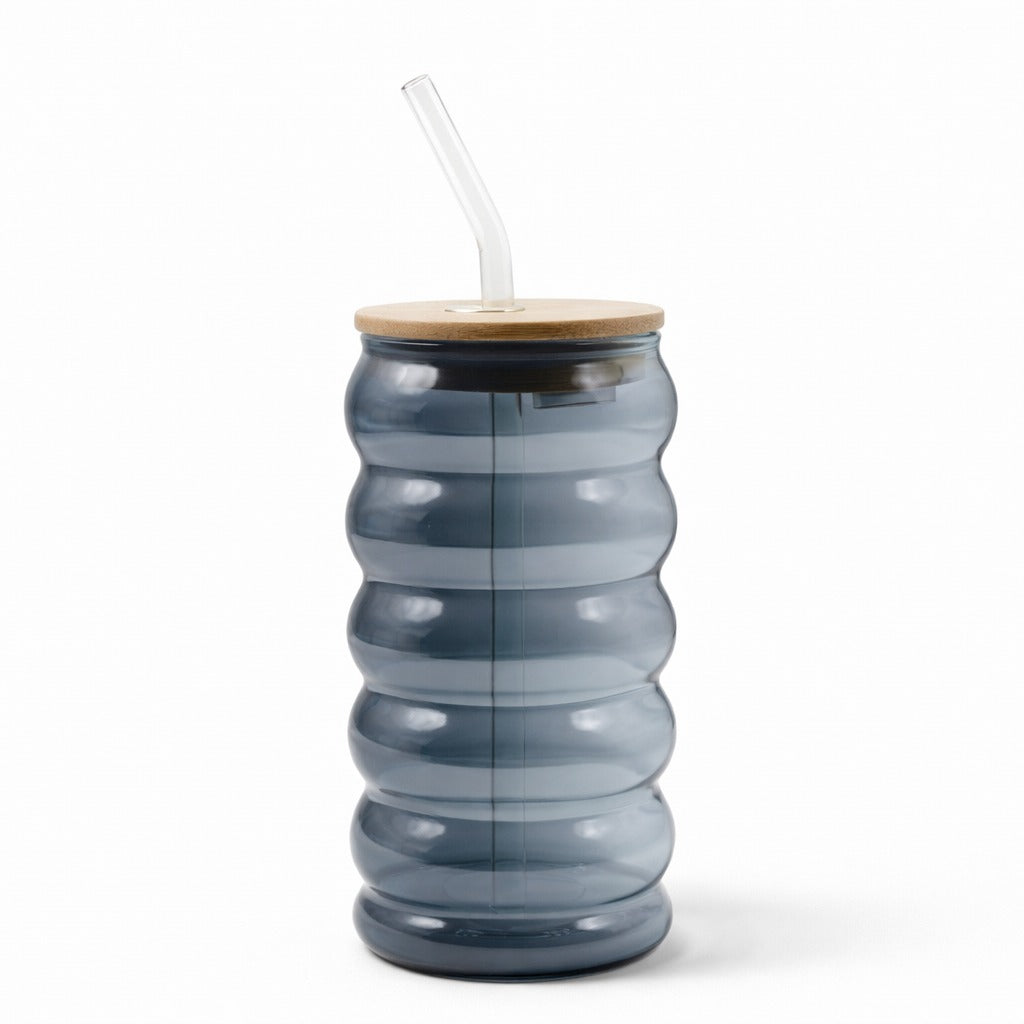 Spiral wave glass tumbler 700ml with bamboo lid and straw Home Hatch Pakistan