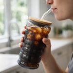 Spiral wave glass tumbler 700ml with bamboo lid and straw Home Hatch Pakistan