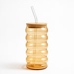 Spiral wave glass tumbler 700ml with bamboo lid and straw Home Hatch Pakistan