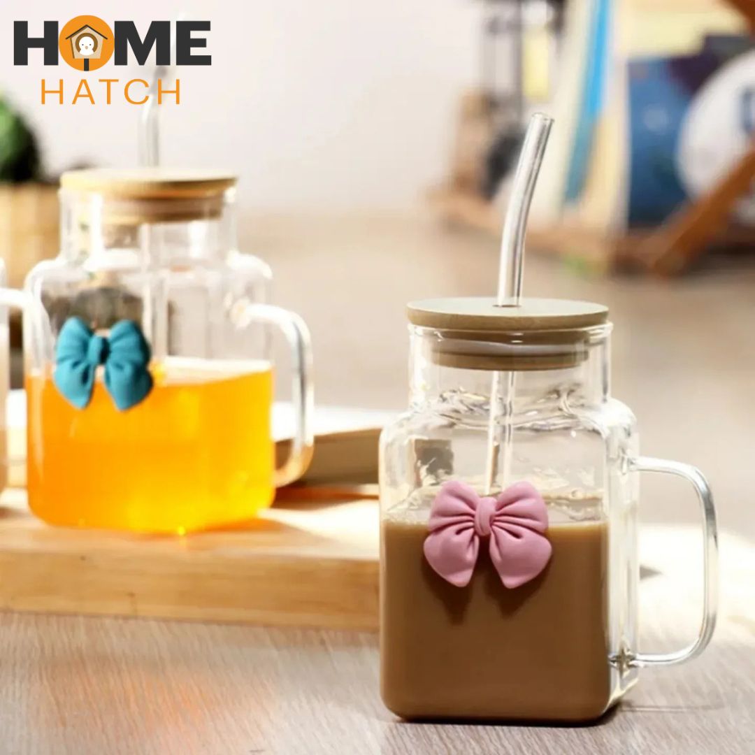 Square Bow Glass Tumbler 620ml Pakistan – Borosilicate Glass Cup with Bamboo Lid, Handle and Straw for Coffee, Smoothies and Juices