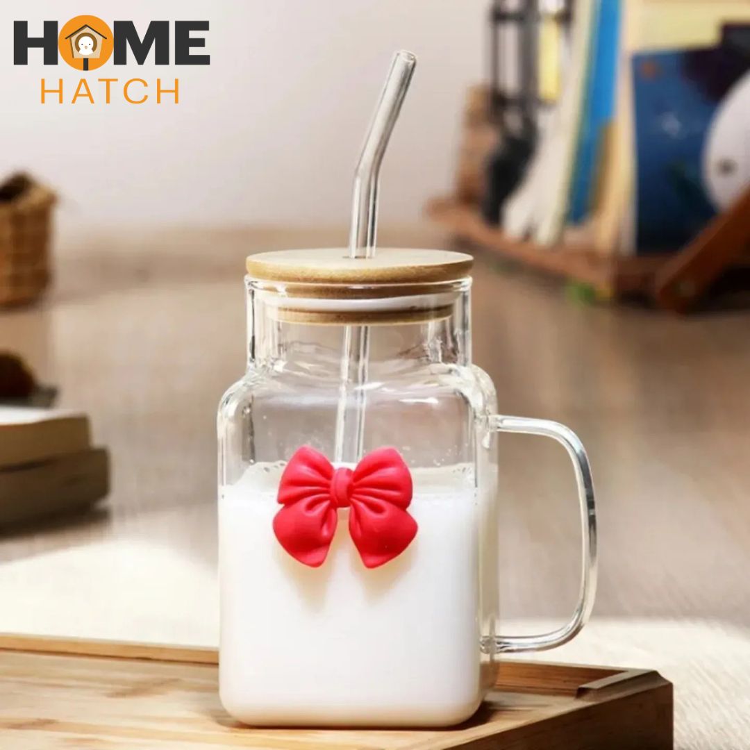 Square Bow Glass Tumbler 620ml Pakistan – Borosilicate Glass Cup with Bamboo Lid, Handle and Straw for Coffee, Smoothies and Juices