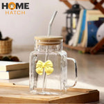 Square Bow Glass Tumbler 620ml Pakistan – Borosilicate Glass Cup with Bamboo Lid, Handle and Straw for Coffee, Smoothies and Juices