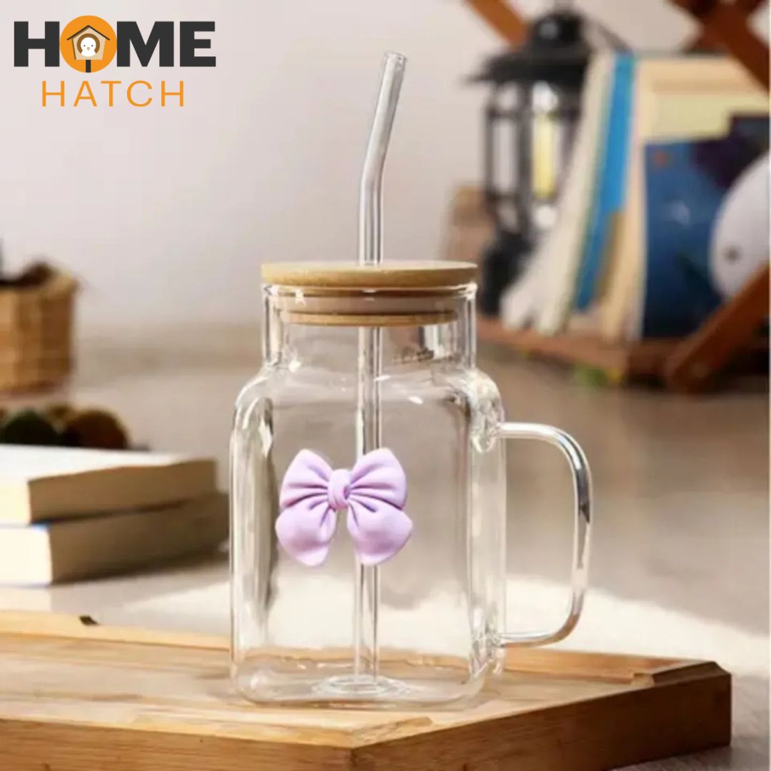 Square Bow Glass Tumbler 620ml Pakistan – Borosilicate Glass Cup with Bamboo Lid, Handle and Straw for Coffee, Smoothies and Juices