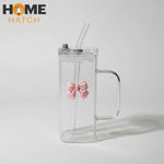 Transparent Square Bow Glass Tumbler Pakistan – Aesthetic Glass Cup with Lid, Handle and Straw for Iced Coffee and Smoothies
