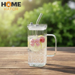 Transparent Square Bow Glass Tumbler Pakistan – Aesthetic Glass Cup with Lid, Handle and Straw for Iced Coffee and Smoothies