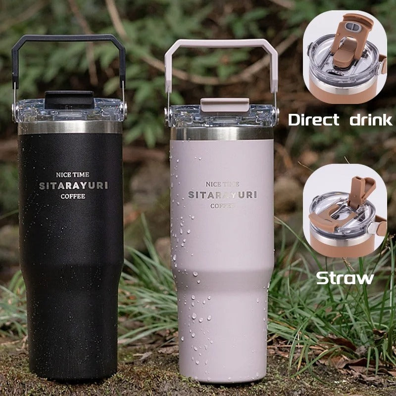 900 ml leakproof stainless steel insulated coffee tumbler with straw and handle