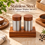 stainless steel salt and pepper shaker set, salt and pepper shaker set of 2, salt pepper shakers with wooden stand, stainless steel seasoning shakers, wooden stand salt pepper set, dining table salt pepper set, kitchen seasoning set, tabletop seasoning set, salt pepper holder, dining table accessories, kitchen accessories, salt and pepper shakers Pakistan, stainless steel shakers Pakistan, salt, pepper, s Pakistan, kitchen accessories Pakistan, buy a sa pepper shaker set Pakistan Stainless steel salt