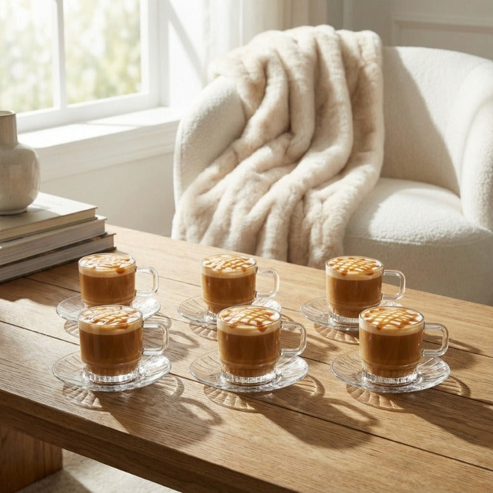 Stella glass tea and coffee cup set 240ml with saucers set of 6 – Home Hatch Pakistanglass tea cup set Pakistanglass coffee cup with saucertea cup set of 6240ml glass cupsHome Hatch glasswareglass tea coffee cupsserving cups with saucerstea set for guestskitchen glassware Pakistancoffee cup set glass