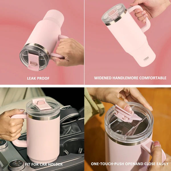 TYESO 40 oz Stainless Steel Travel Mug with Handle & Leafproof
