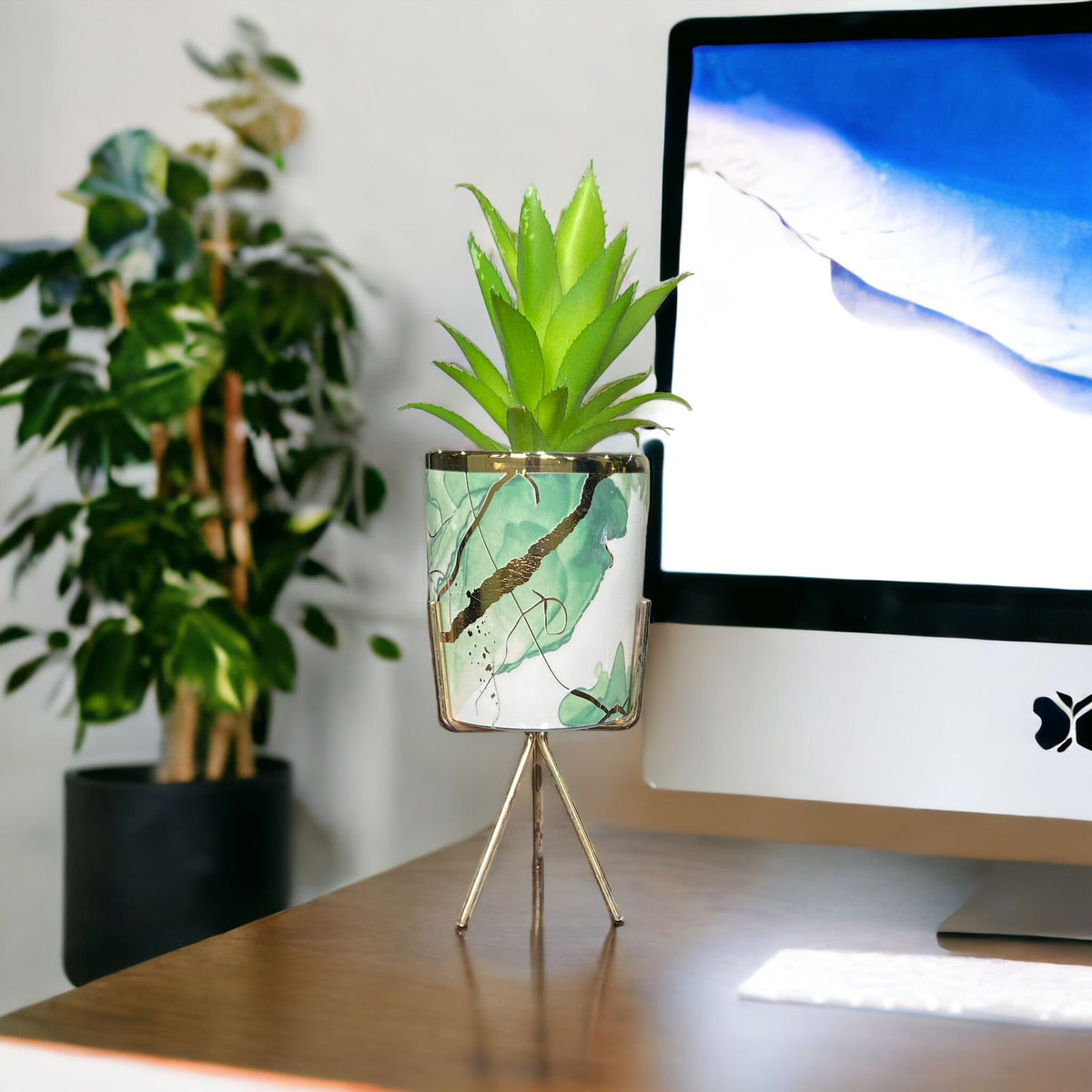 Marble Pattern Flower Pot With Plant - Home Hatch