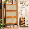 3-Door Wooden Rattan Shoe Cabinet with Flip Doors – Slim Entryway Shoe Storage Organizer