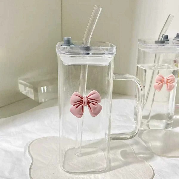 Transparent Square Bow Glass Tumbler Pakistan – Aesthetic Glass Cup with Lid, Handle and Straw for Iced Coffee and Smoothies