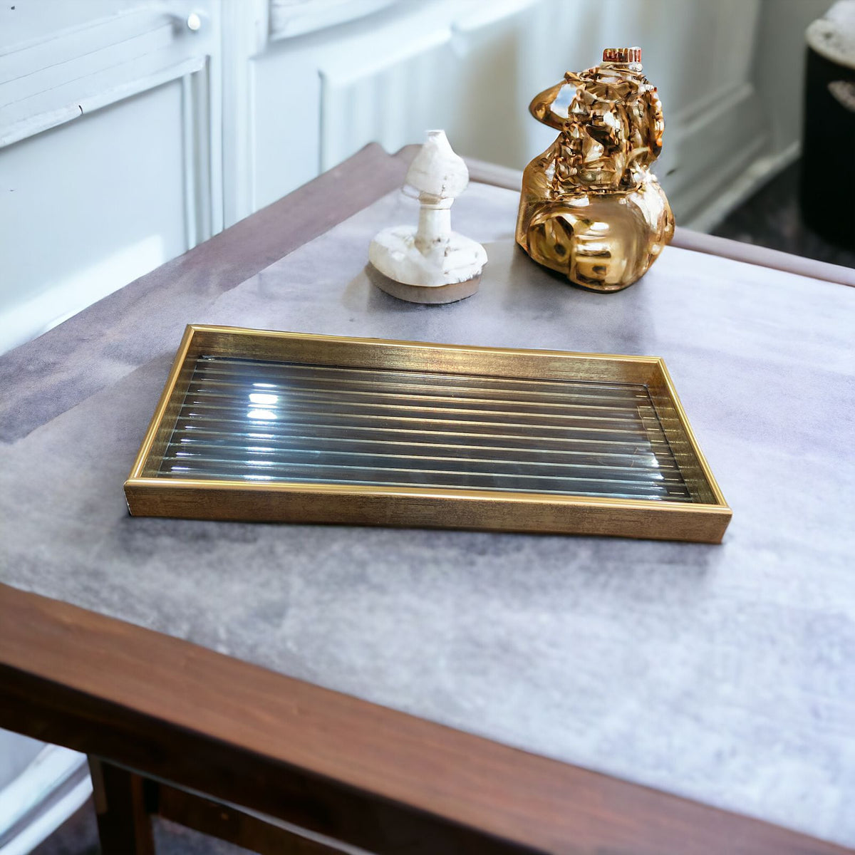 Versatile Gold Border Elegant Serving Glass Tray