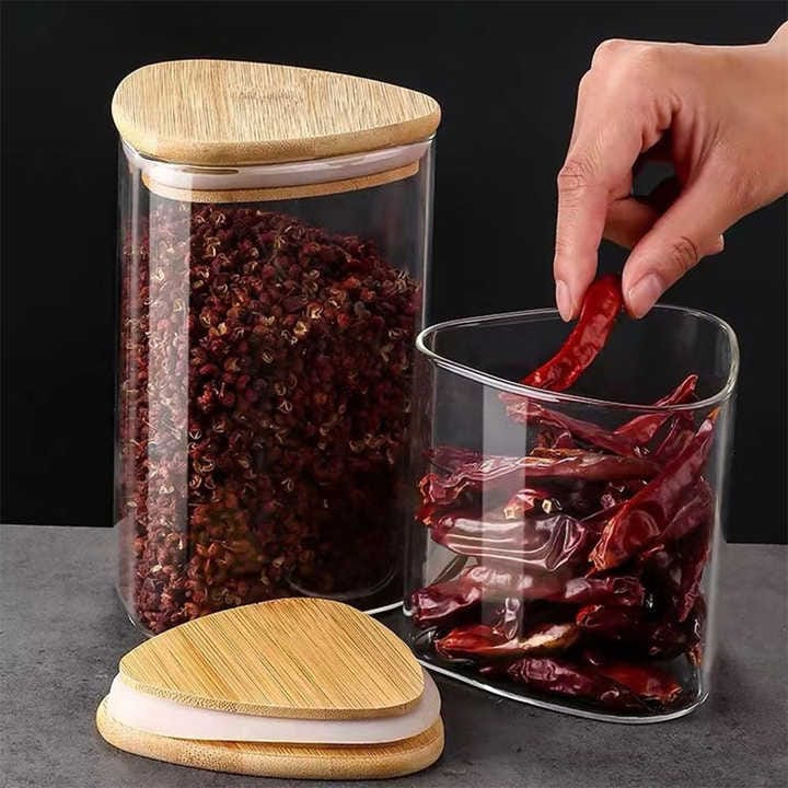 Triangle Airtight sealed Glass Jar With Wooden Bamboo Lid