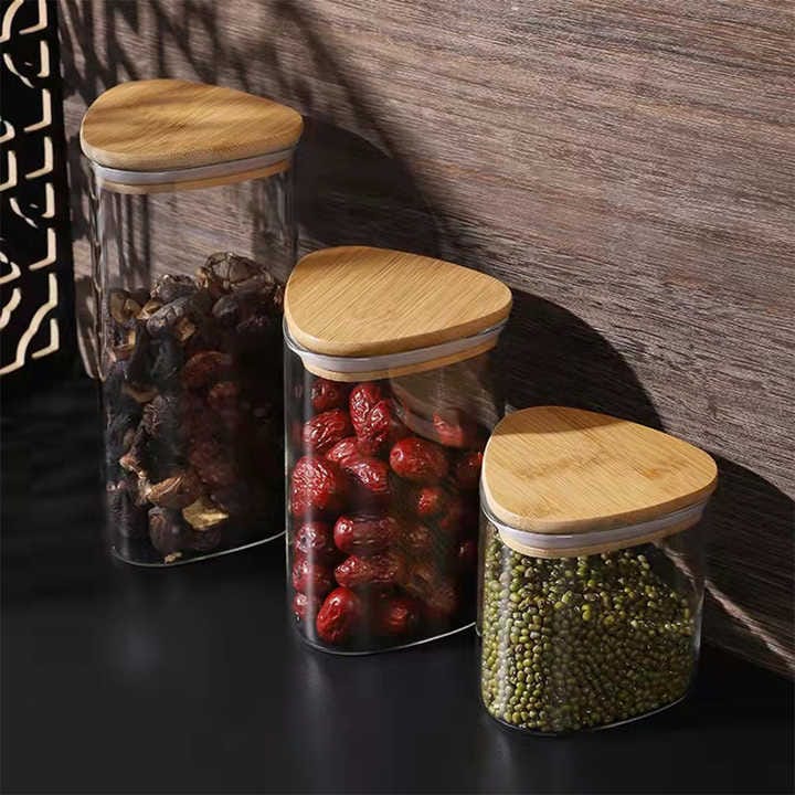 Triangle Airtight sealed Glass Jar With Wooden Bamboo Lid