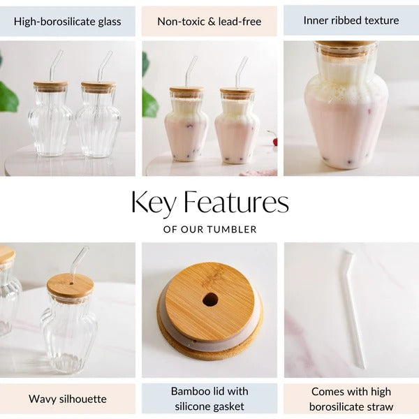 TropiCool Glass Tumbler with Bamboo Lid & Straw – 450ml